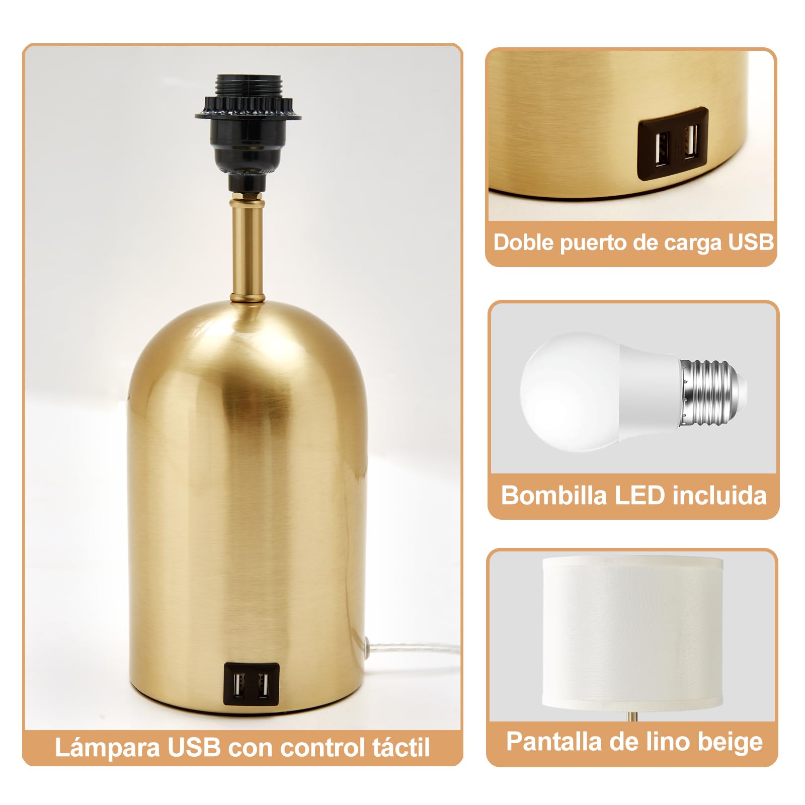 GyroVu Lámpara de Mesa Puerto USB, Lámpara de Control Táctil para Dormitorio, Lámpara de Noche con 3 Niveles de Intensidad Regulable, Pantalla de Tela, Base Dorada para Sala de Estar, Dormitorio,