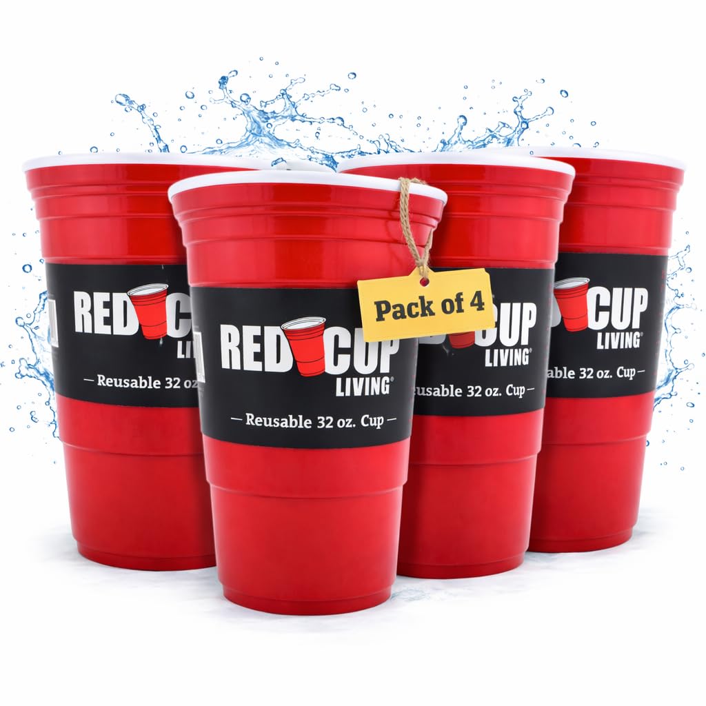 Red Cup Living Lot de 4 grandes tasses en plastique réutilisables, idéales pour les fêtes et les voyages – Gobelet à café anti-fuite, cadeau de Noël, Red Cup Living, sans BPA