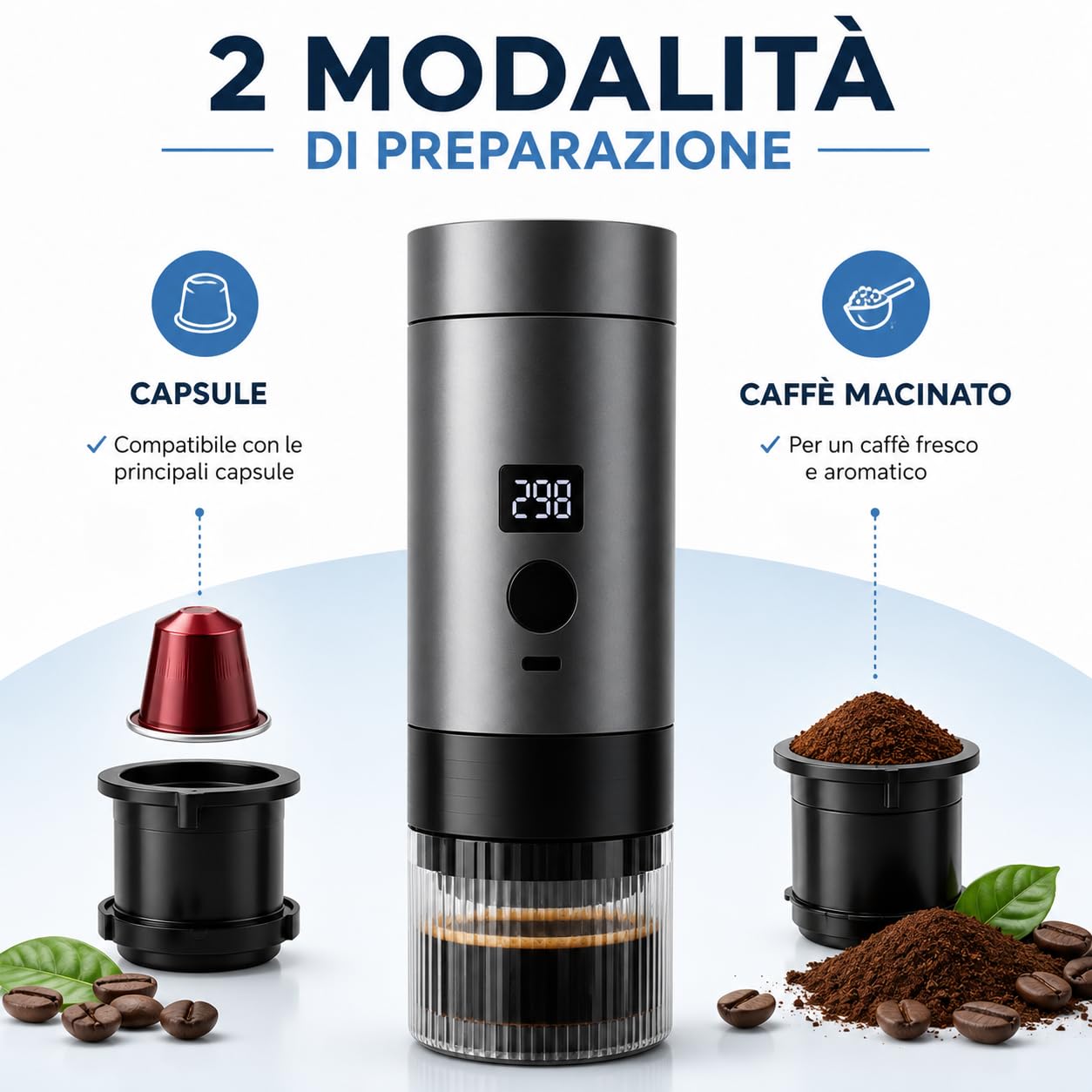 Caffettiera Elettrica Portatile Wireless con Display Digitale, Compatibile con Capsule e Caffè Macinato, Macchina da Caffè Espresso Ricaricabile USB-C, One Click, Ideale per Viaggi, Auto e Campeggio