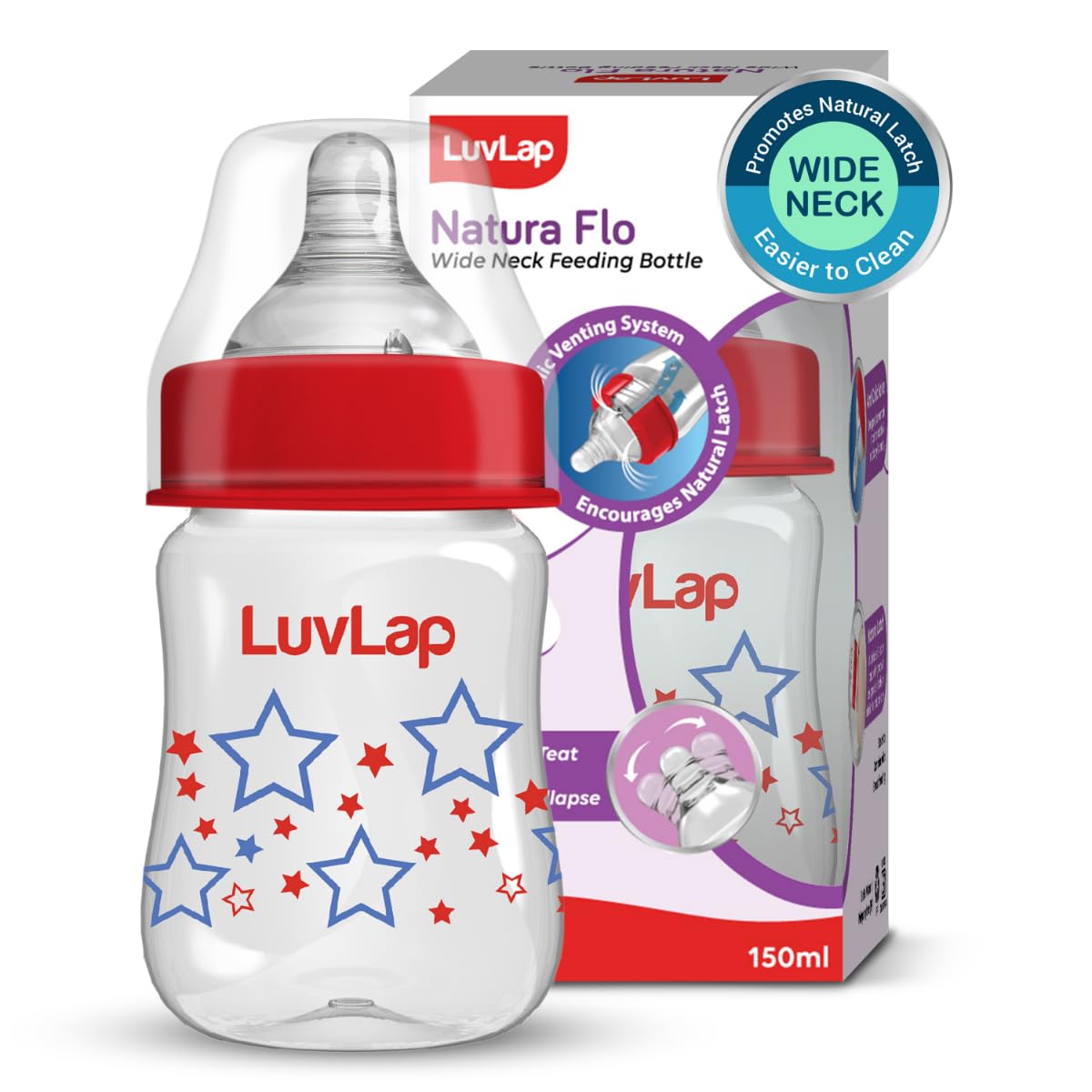 Luvlap Anti-Colic Wide Neck Natura Flo Baby Plastic Feeding Bottle, 150Ml, New Born/Infants/Toddler Upto 3 Years, Stars, BPA Free