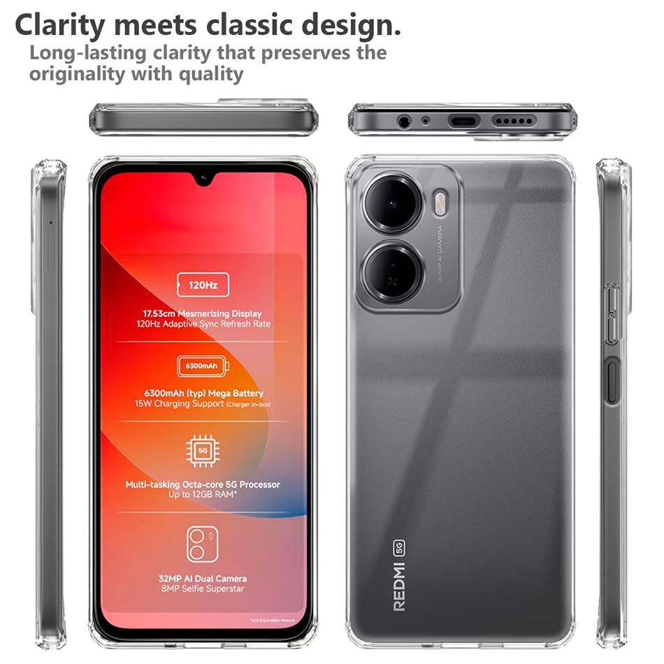 Image of Fashionury Crystal Clear Case for Redmi 15A 5G | Yellowing Resistance | Transparent TPU Silicone | Raised Camera Lips | Slim Transparent Cover