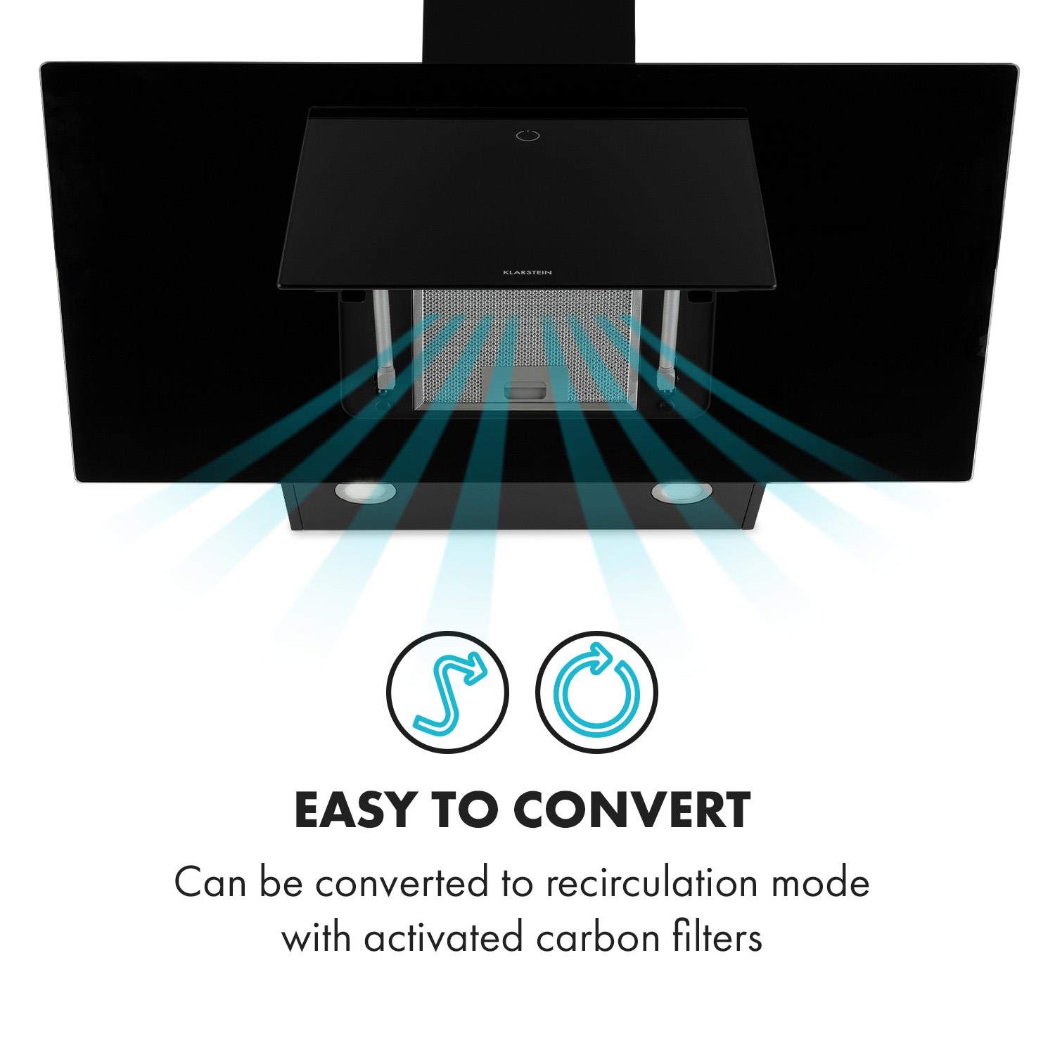 KLARSTEIN Eleonora - hotte aspirante, CEE A++, capacité: 426 m³/h, commande tactile, éclairage LED RVB, 60 dB, évacuation ou recirculation d'air, filtre à graisse, 90cm - noir
