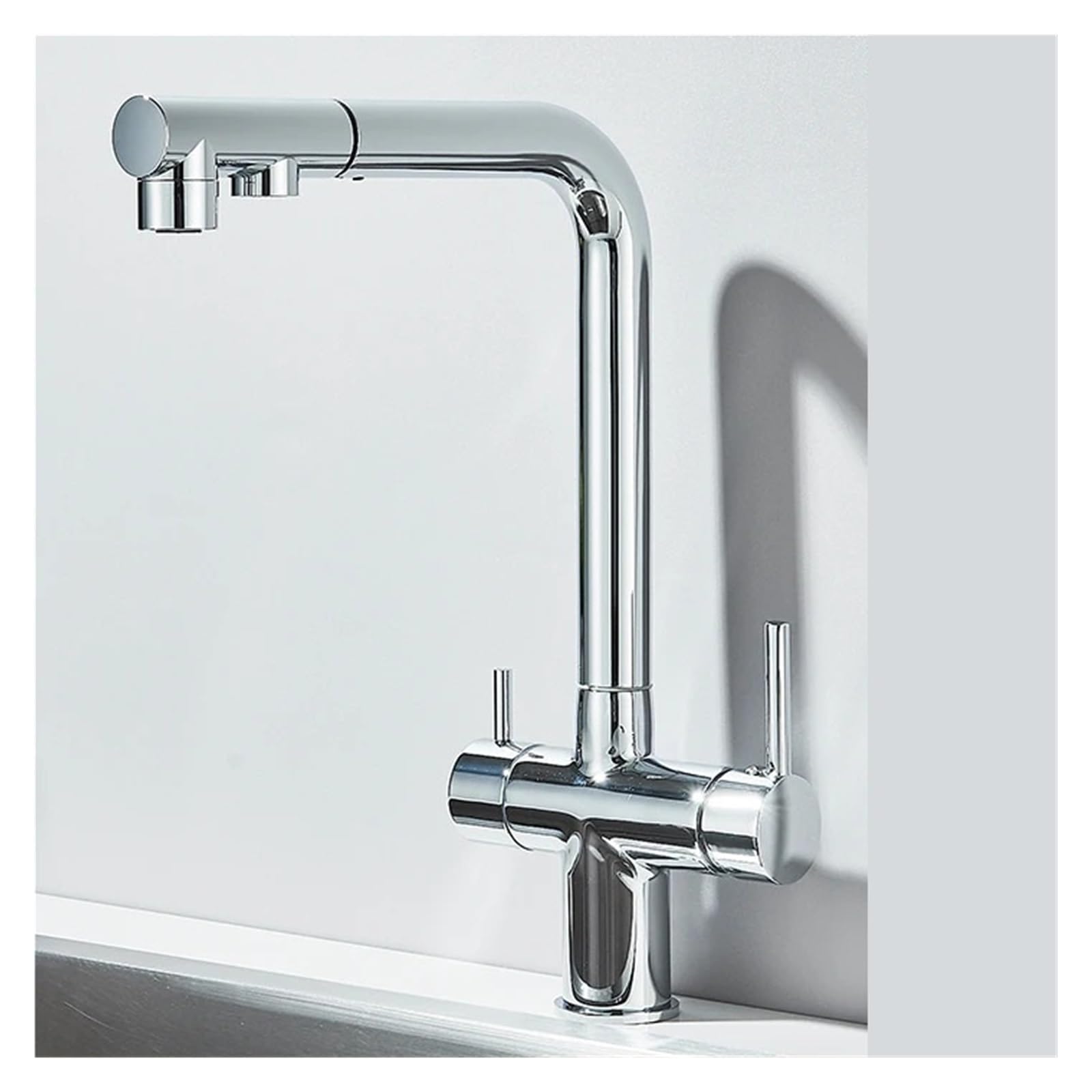 Robinet mitigeur d'évier extractible 2 fonctions et double bec pour eau chaude froide filtrée