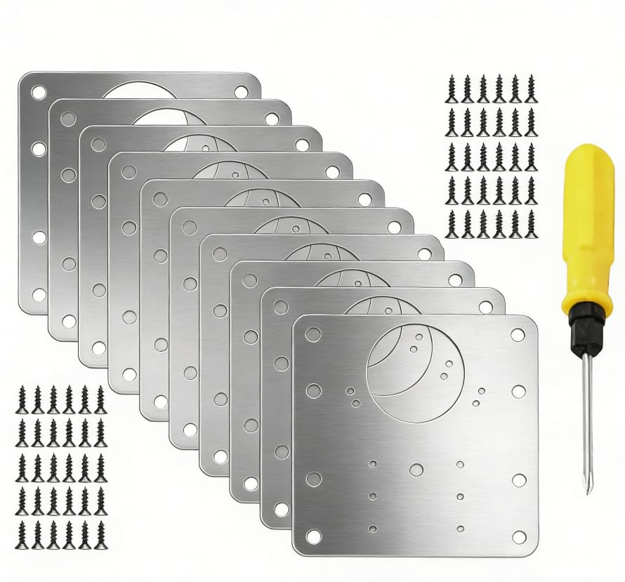 10 PCS Hinge Repair Plates, 9 X 9 Cm Kitchen Stainless Steel Hinge Repair Plate for Cabinet, Home Furniture, Drawer, Boxes, Window, with 52 Screws and 1 Screwdriver