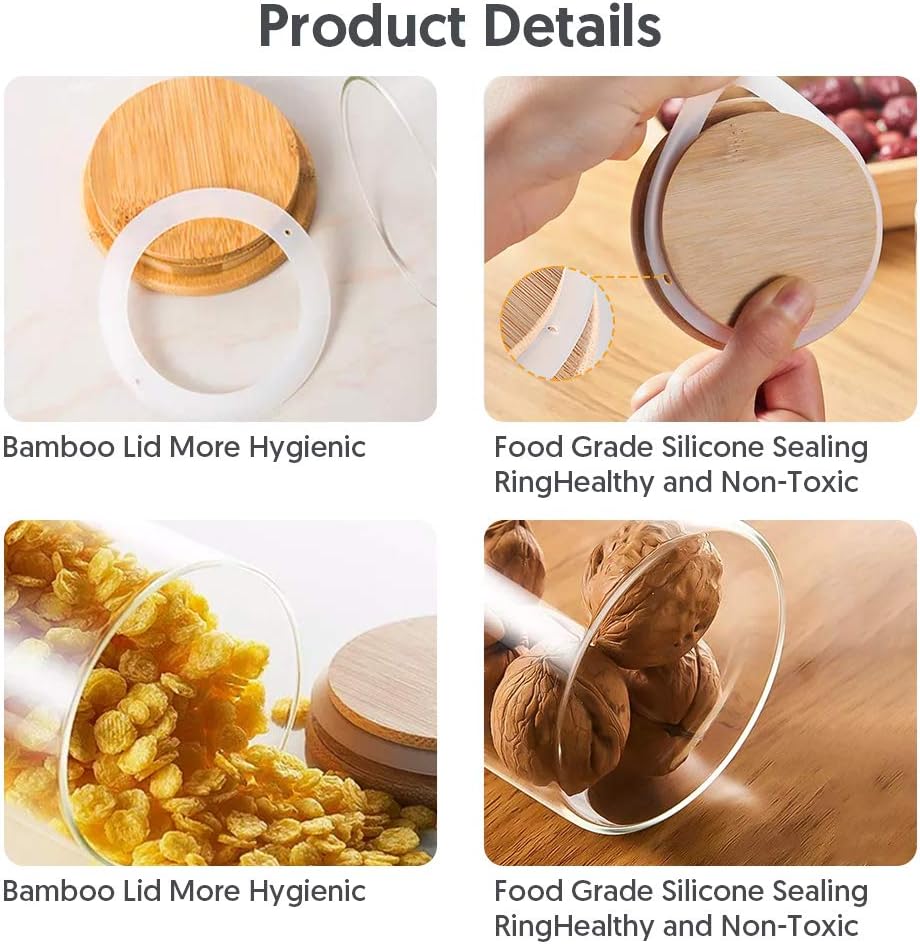 Yibaodan Glass Jars 9OZ, 12 Set with Bamboo Airtight Lids and Labels, Food Cereal Storage Large Spice Containers for Home Kitchen Tea Coffee Flour Herbs Grains