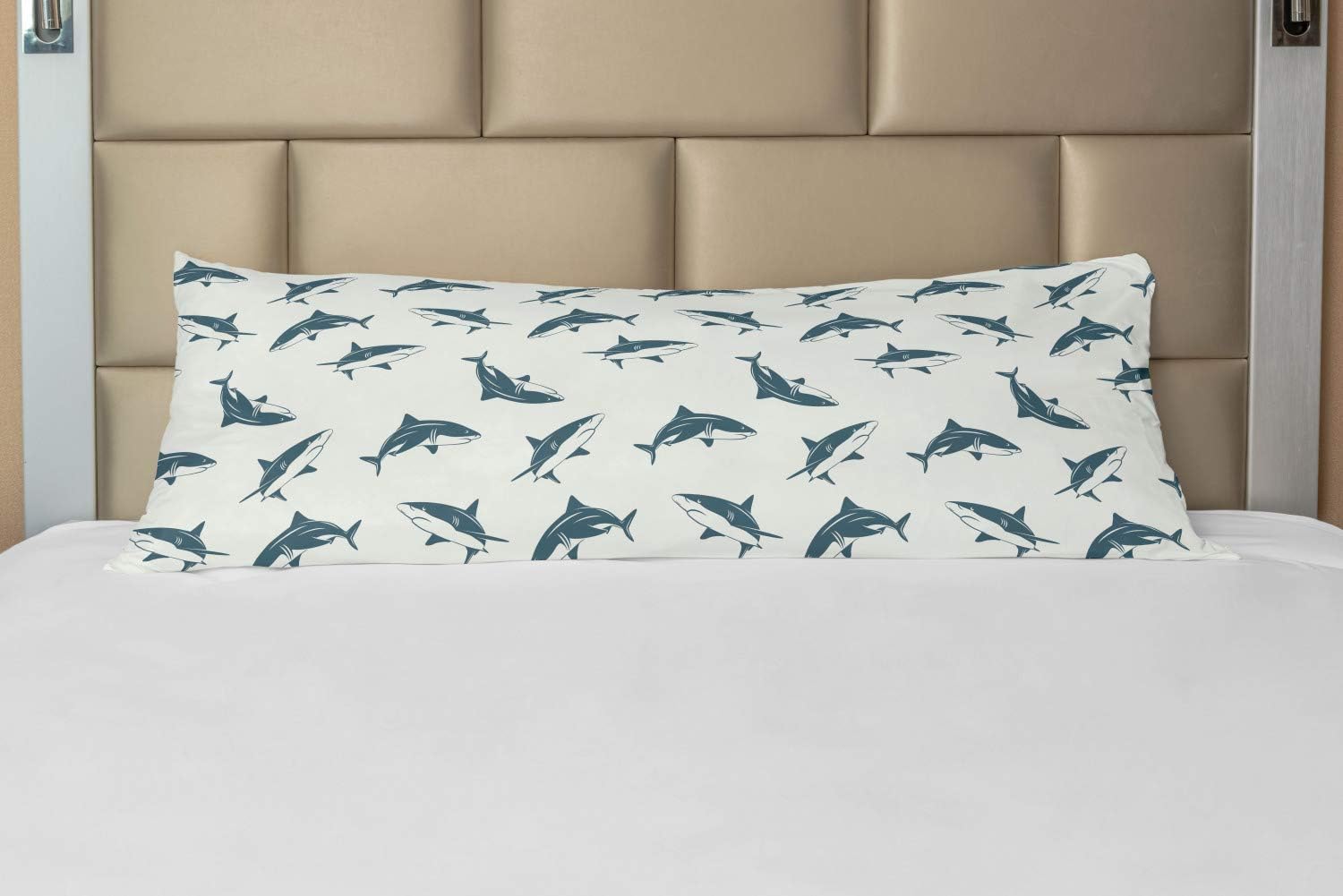 Ambesonne Sea Animals Body Pillow Case Cover with Zipper, Pattern Sharks Swimming to Different Directions Monochromic, Decorative Accent Long Pillowcase, 21" x 54", Dark Grey