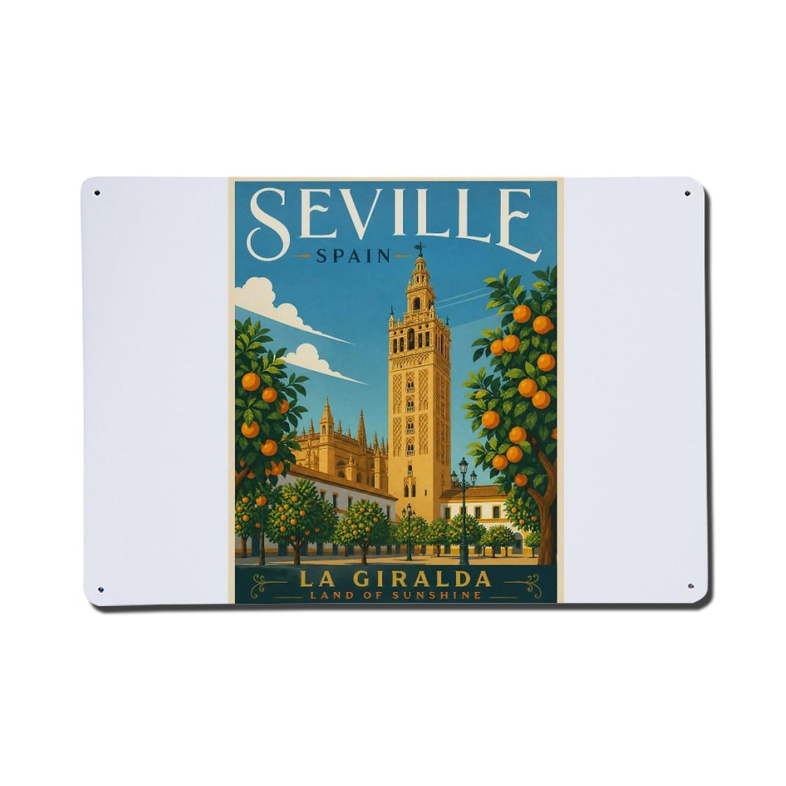 Yrnq 08X12inch Vintage Style Vintage Giralda Tower Orange Trees Cathedral Garden Spain Metal Tin Sign