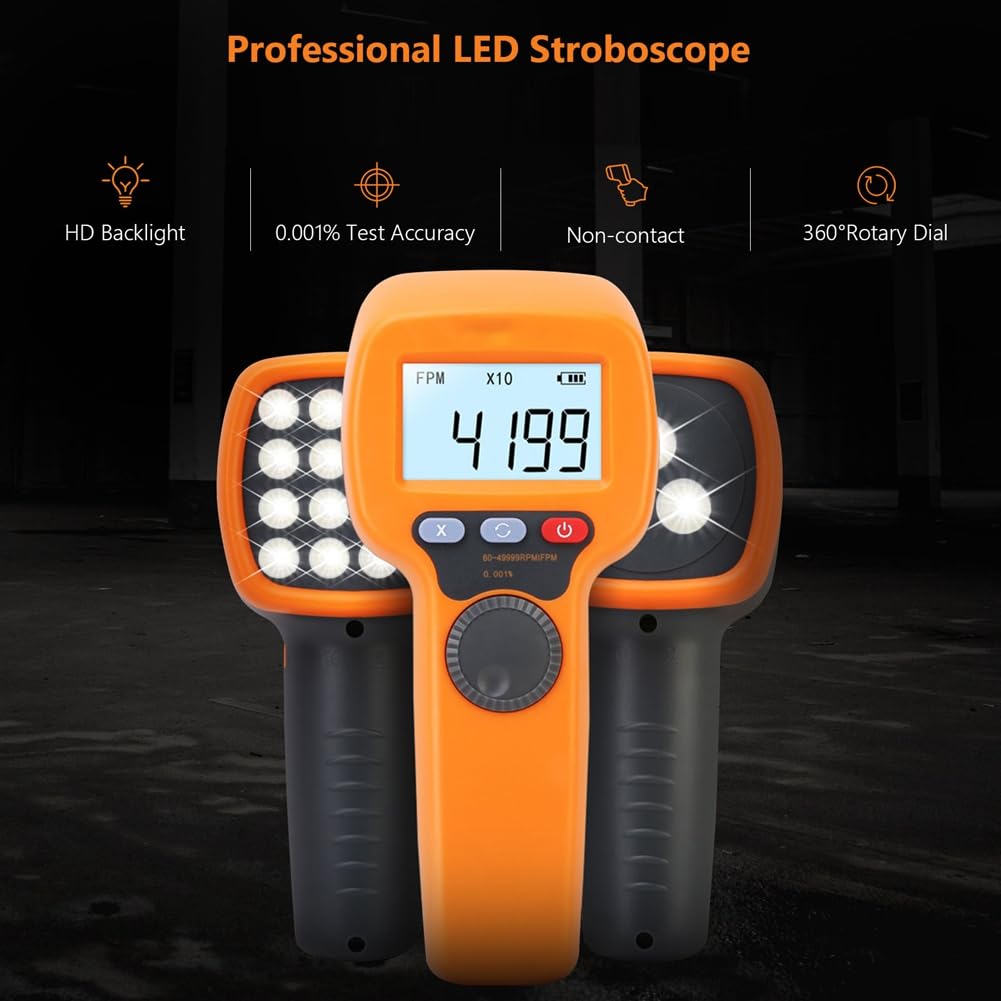 Estroboscopio Digital de Mano Que Mide Entre 60 y 49 999 RPM, Tacómetro Estroboscópico Sin Contacto, Tacómetro de Alta Precisión del 0,001%