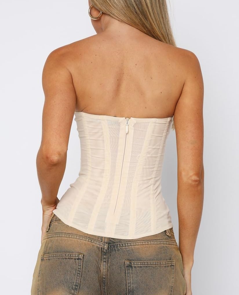 Adoeren Women Overbust Corset Strapless Fishbone Bustier Back Zipper Bodyshaper Lingerie Sexy Bandeau Y2k Tube Tight Tops