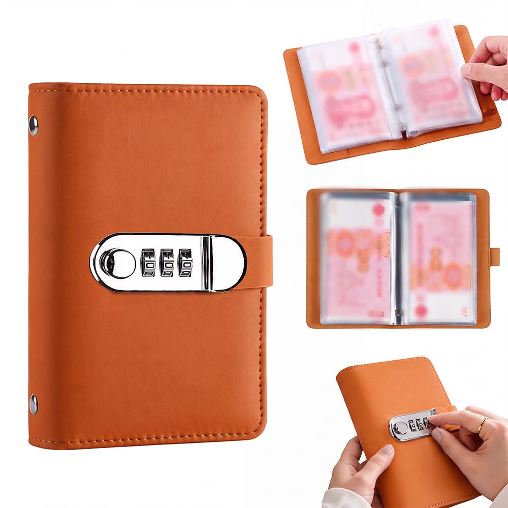 Lockable Savings Notebook, 2027 New Portable Cash Envelope Binder (Brown)