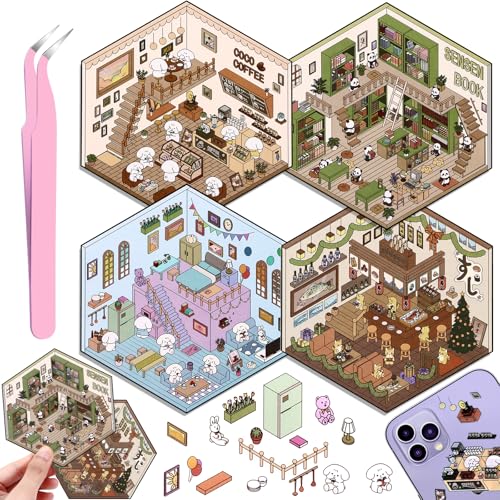 4 Sets DIY 3D Autocollant Scène, DIY Amusants House Stickers, Créer Votre Cafe, Boutique, Restaurant, Adorables DIY Autocollants de Scène avec 1 Pincette pour Soulager Stress