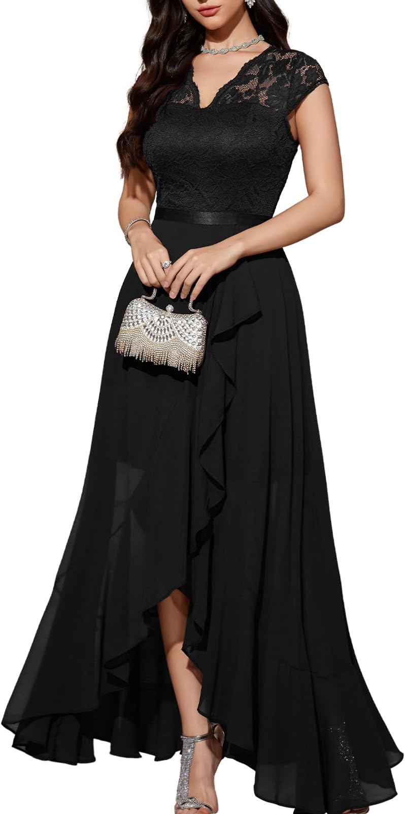 Women's V-Neck Dress for Women Wedding Guest Hi-Lo Floral Lace Prom Cocktail Party Formal Bridesmaid Dress