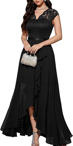 Bbonlinedress Vestido de cuello en V para mujer con encaje floral alto-bajo, para invitadas de boda, graduación, cóctel, fiesta formal y dama de