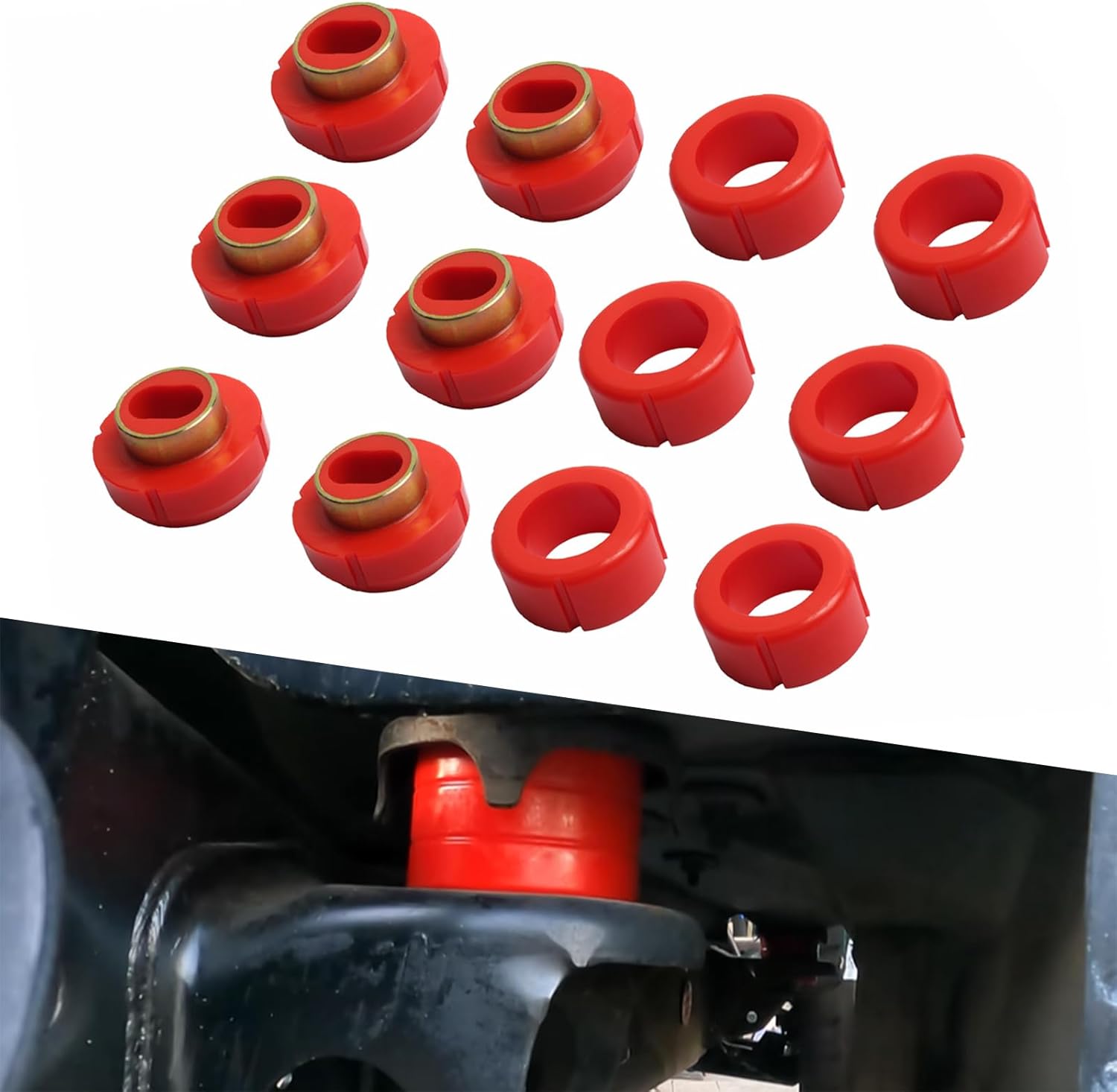 7-108 Body Mount Bushing Kit For 1981-1987 Chevy C10/C20/C30 & GMC C1500/C2500/K1500/K2500 2WD/4WD Polyurethane Mount Set Performance Bushings Replacement With Metal Fixing Ring(Red)