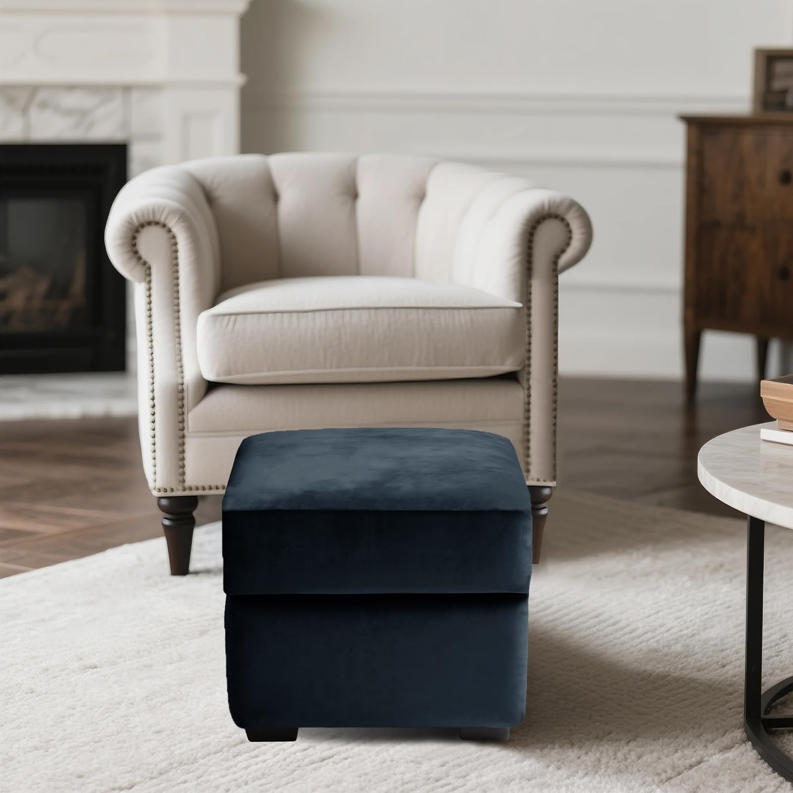 SYLC Ottoman Cover Stretch Velvet, Footstool Cover and Pouffe Cover Non-slip with Elastic Bottom/ties, Slipcover for Folding Storage Poofy Foot Stool (Navy blue,Square-S Ottoman+Seat)