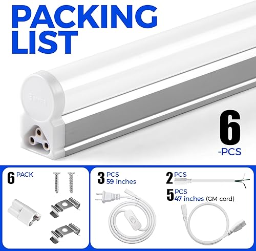 Miniatura 24 de Barrina (Paquete de 6) Artefacto individual candil LED T5 integrado, 4 pies, 2200lm, 6500K (Blanco súper claro), 20W, Luz para tienda, techo y 6500k