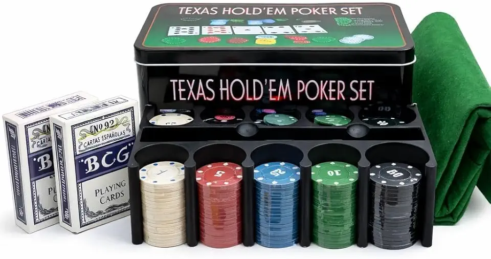 Kit Jogo de Poker Texas Holdem 200 Fichas Numeradas com Lata 2 Baralhos Toalha Dealer Big Blind Small Blind Completo Profissional