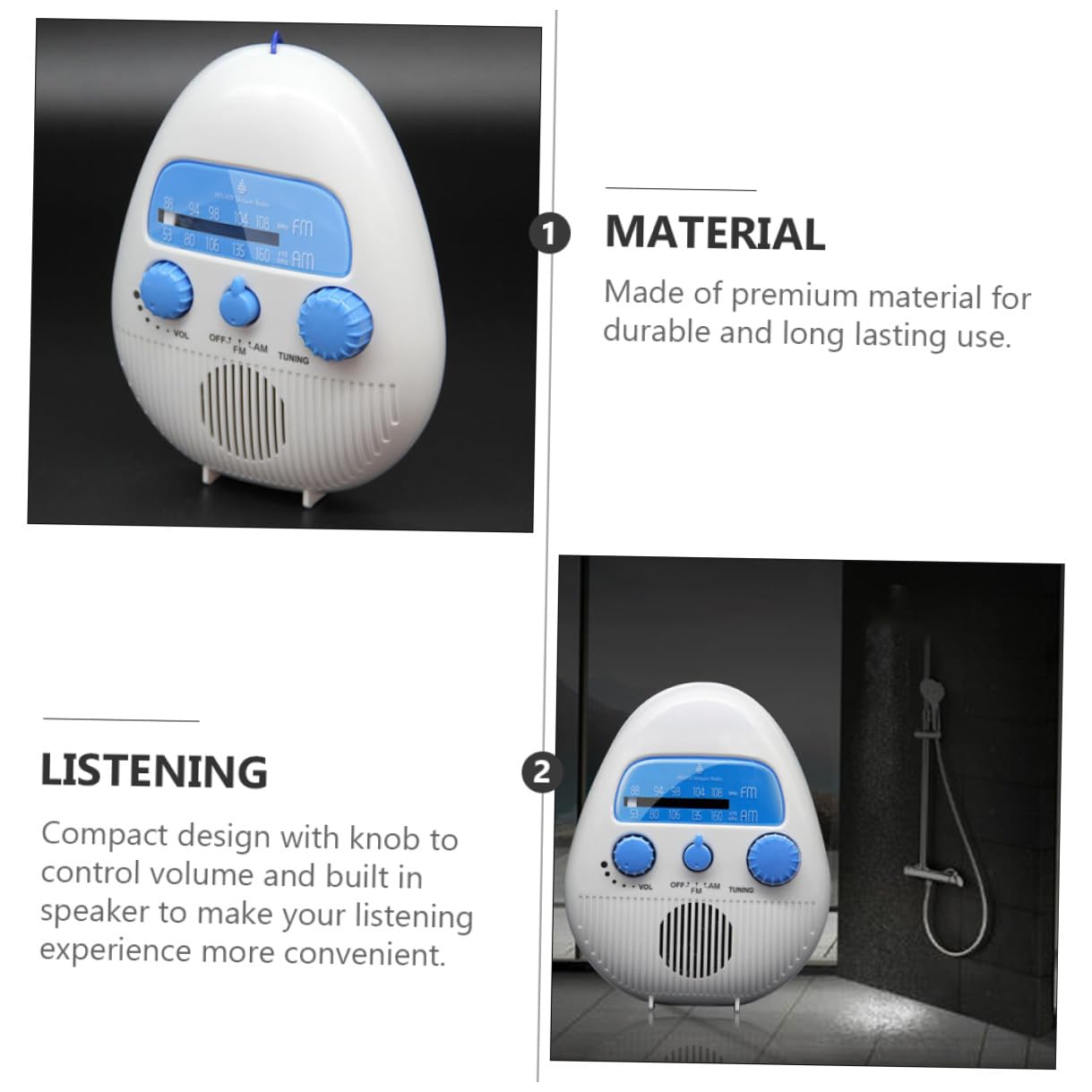 Duschradio Kleiner Tragbares Stereo Radio mit Abs Material und Kompakter Bauweise für Badezimmer und Dusche