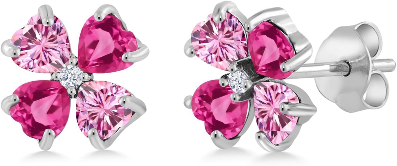 Gem Stone King 925 Sterling Silver Pink Moissanite and Pink Created Sapphire Earrings For Women | 3.03 Cttw | Gemstone | Heart Shape 4MM