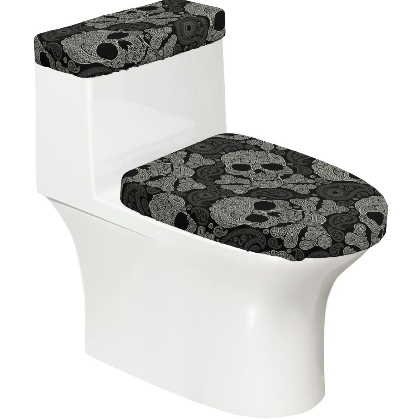 Skull Print Bathroom Decor Toilet Lid Cover And Tank Covers, Restroom Accessories Fits Most Round