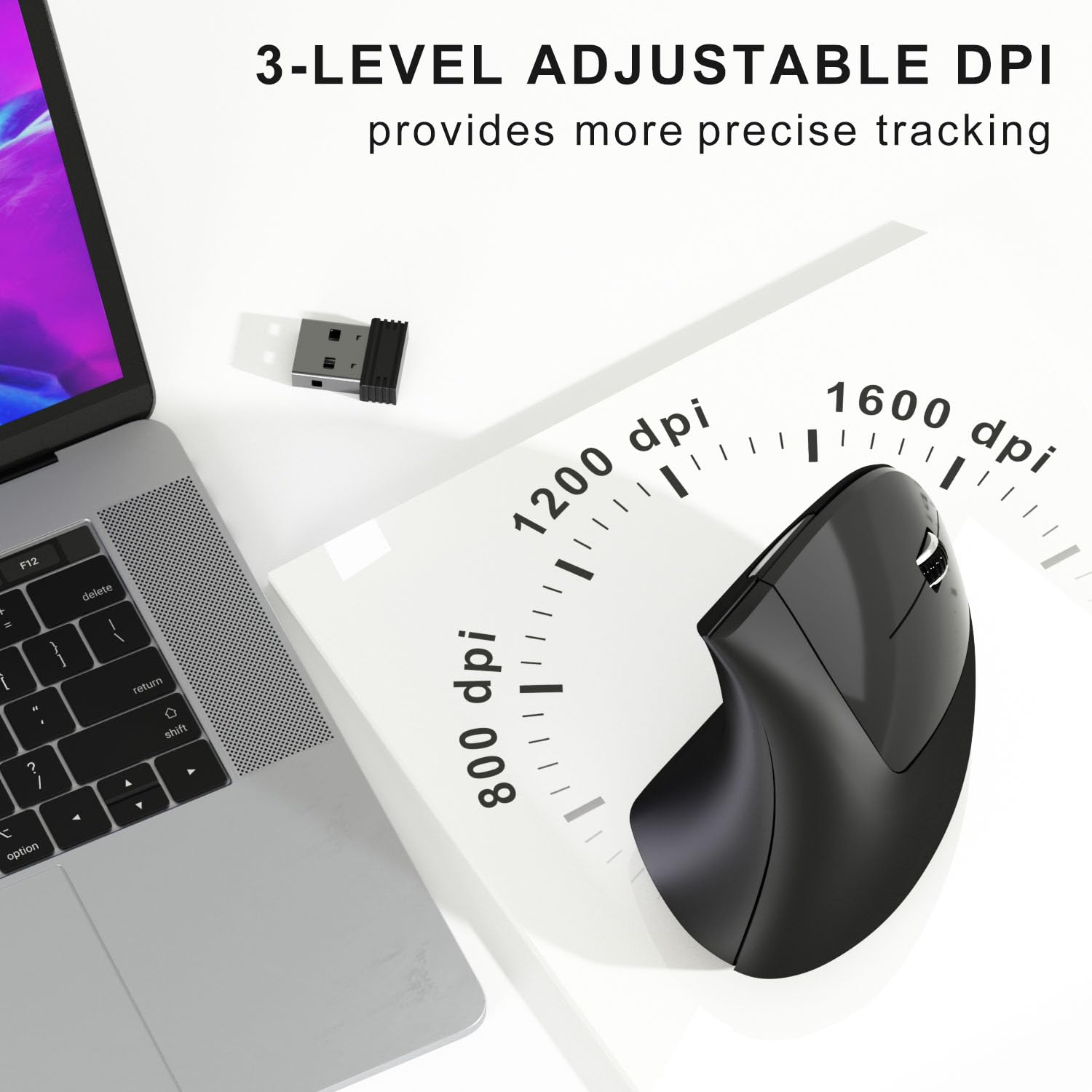 Mouse ergonomico senza fili, mouse verticale wireless USB 2.4G, DPI regolabile (800/1200/1600), clic silenziosi, 6 pulsanti per laptop, PC, Mac, desktop - nero