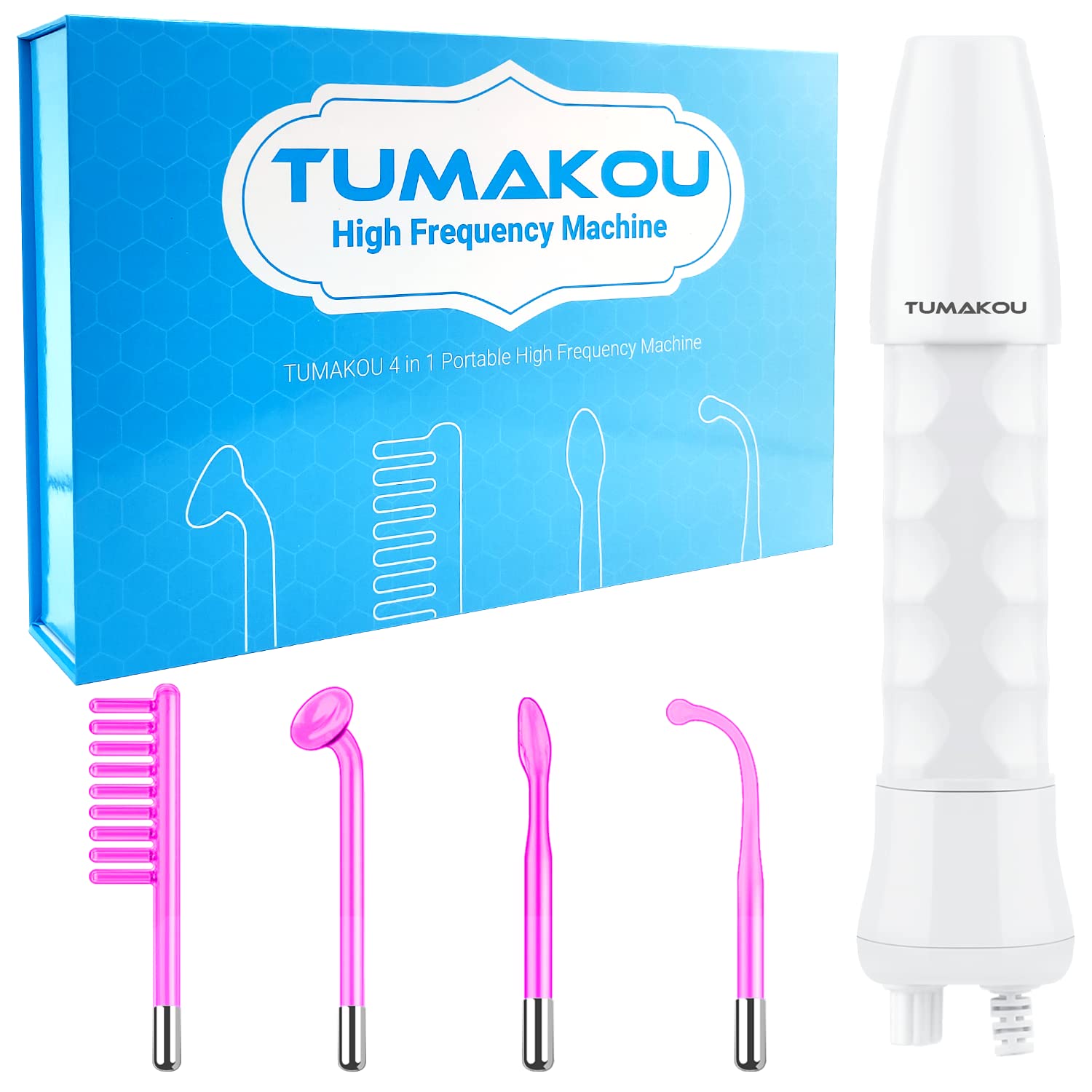 TUMAKOU Alta frecuencia Estetica Facial - 4 en 1 Dispositivo Portátil de Alta Frecuencia Para El Cuidado de la Cara y la Piel - Masaje Facial - con 4 varitas de Argón