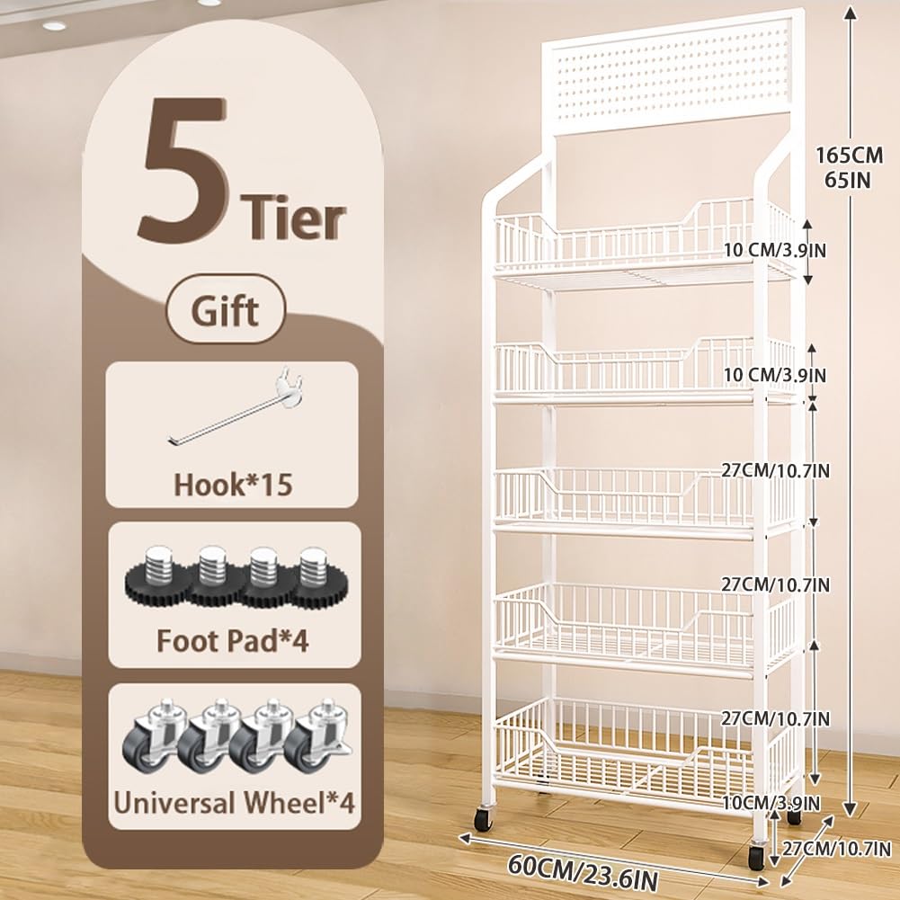 Regał sprzedażowy, 5-poziomowy, metalowy regał na przekąski z 12 haczykami i 4 rolkami – uniwersalny organizer do supermarketów do sklepów detalicznych, czarny regał na przekąski do praktycznej