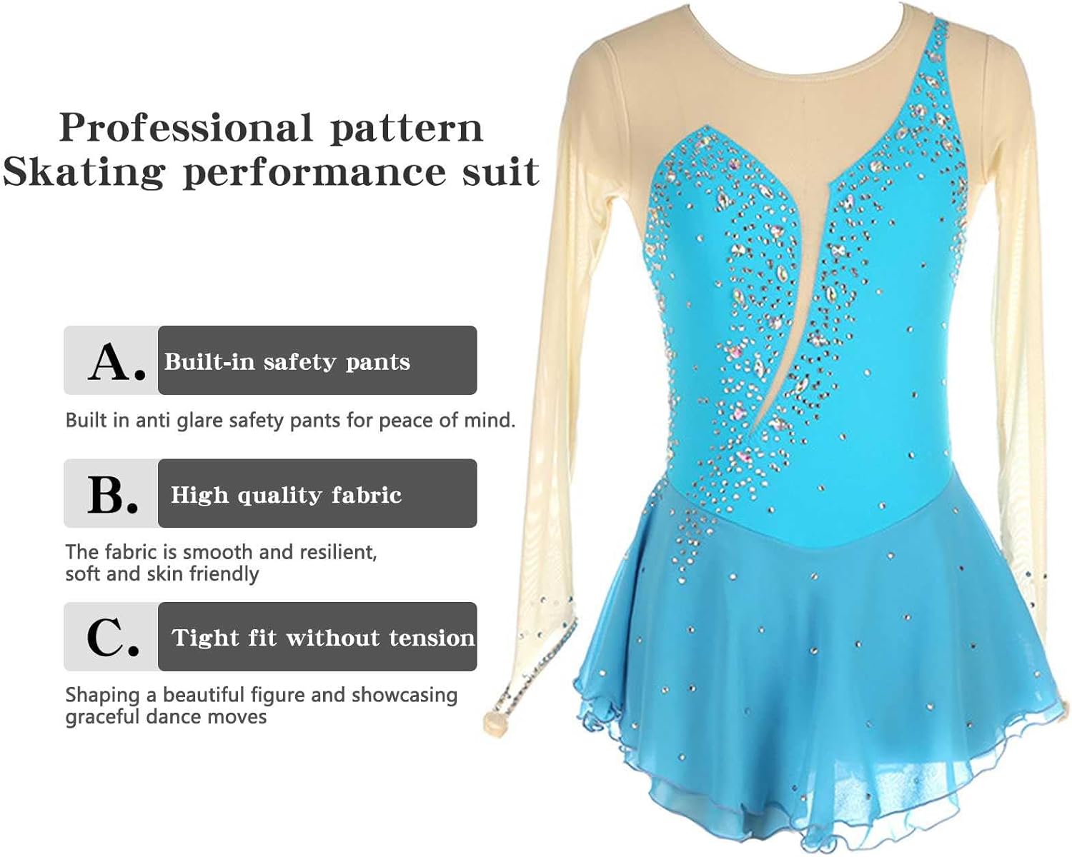 HAWFHH Figure Skating Dress, Women's High Elasticity Competition Skating Wear, Long Sleeve Shiny Rhinestones Dancewear