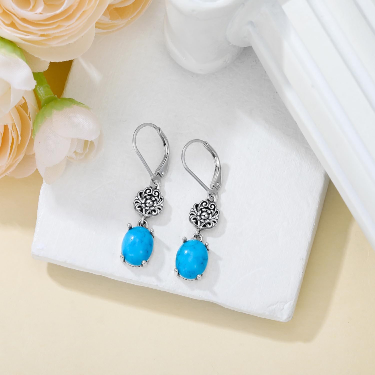 3ct Genuine Turquoise Earrings for Women 925 Sterling Silver 10mm * 8mm Oval Cut Turquoise with Vintage Filigree Drop Earrings - Image 5