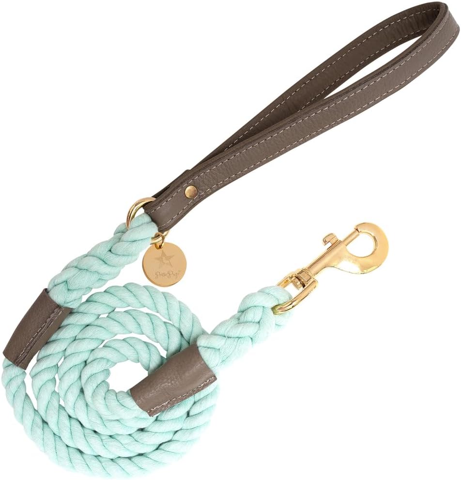 POISEPUP 5ft Braided Cotton Rope Leash with Soft Padded Genuine Leather Handle for Dogs - Handmade Comfort & Cute - Pink | Green