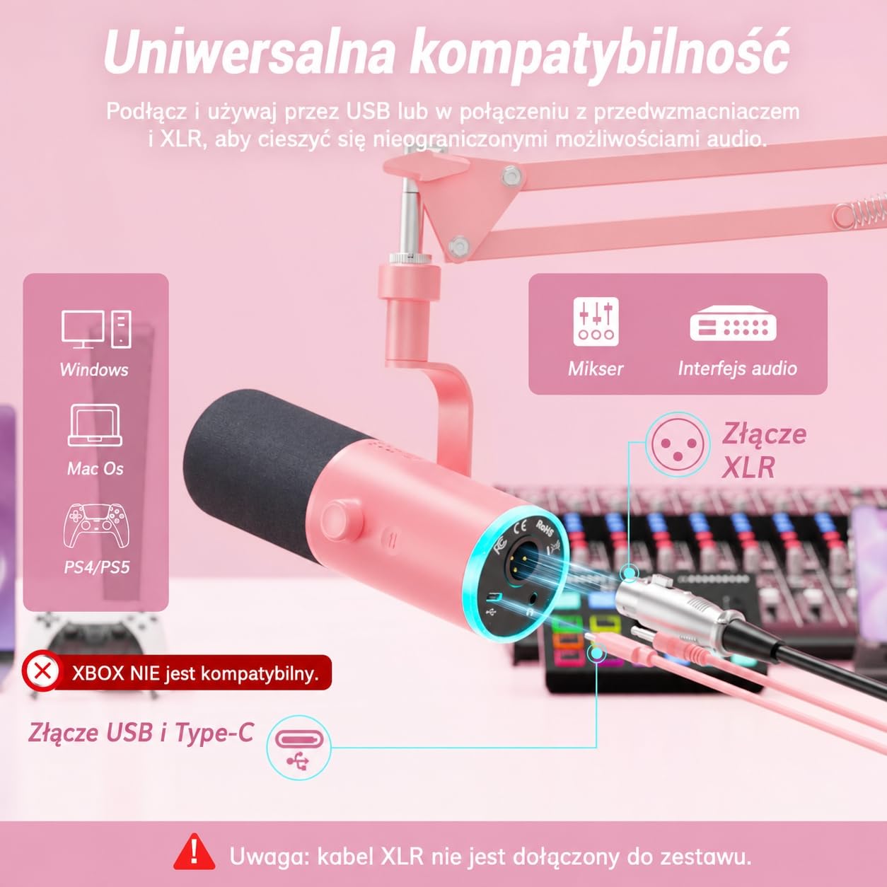 TONOR Dynamiczny mikrofon do gier, mikrofon XLR/USB do strumieniowego przesyłania, redukcja szumów AI, sterowany RGB, wyciszenie, gniazdo słuchawkowe 3,5 mm, mikrofon z ramieniem szubienicowym, różowy