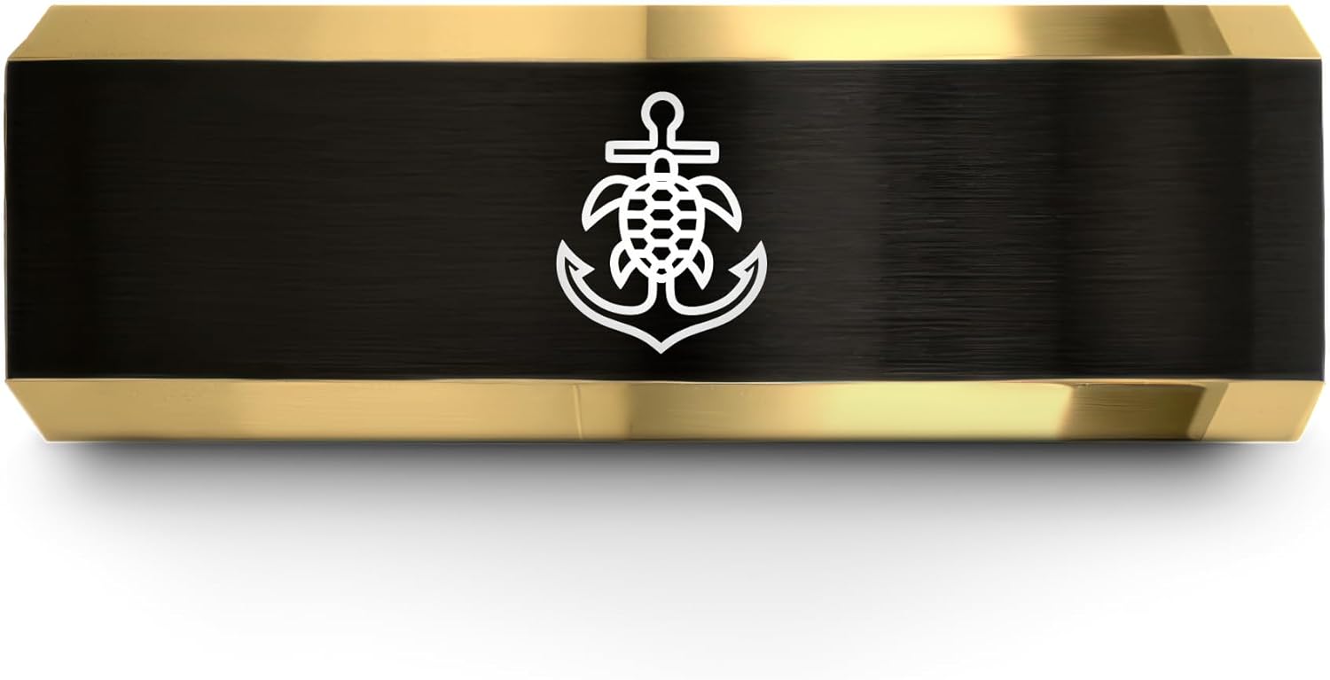 Anchor With Sea Turtle Ring - Gift for Ocean Fan - Men Women - Personalized Custom Engraving - Anniversary Wedding - Tungsten - Yellow Gold Black Silver Blue - 8mm - Brushed Polished - Flat Dome Bevel