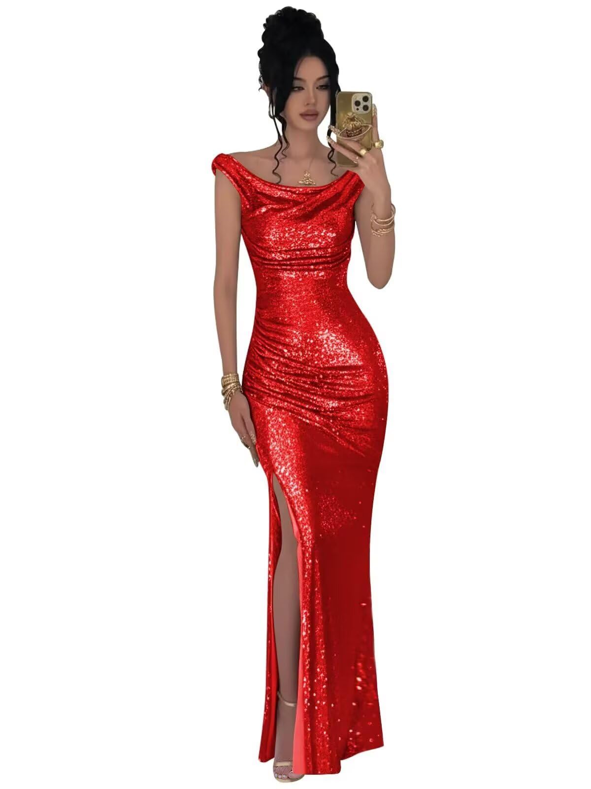 Sequin Mermaid Prom Dresses for Women Sparkly Off Shoulder Formal Evening Dress with Slit Pleats Cocktail Gown