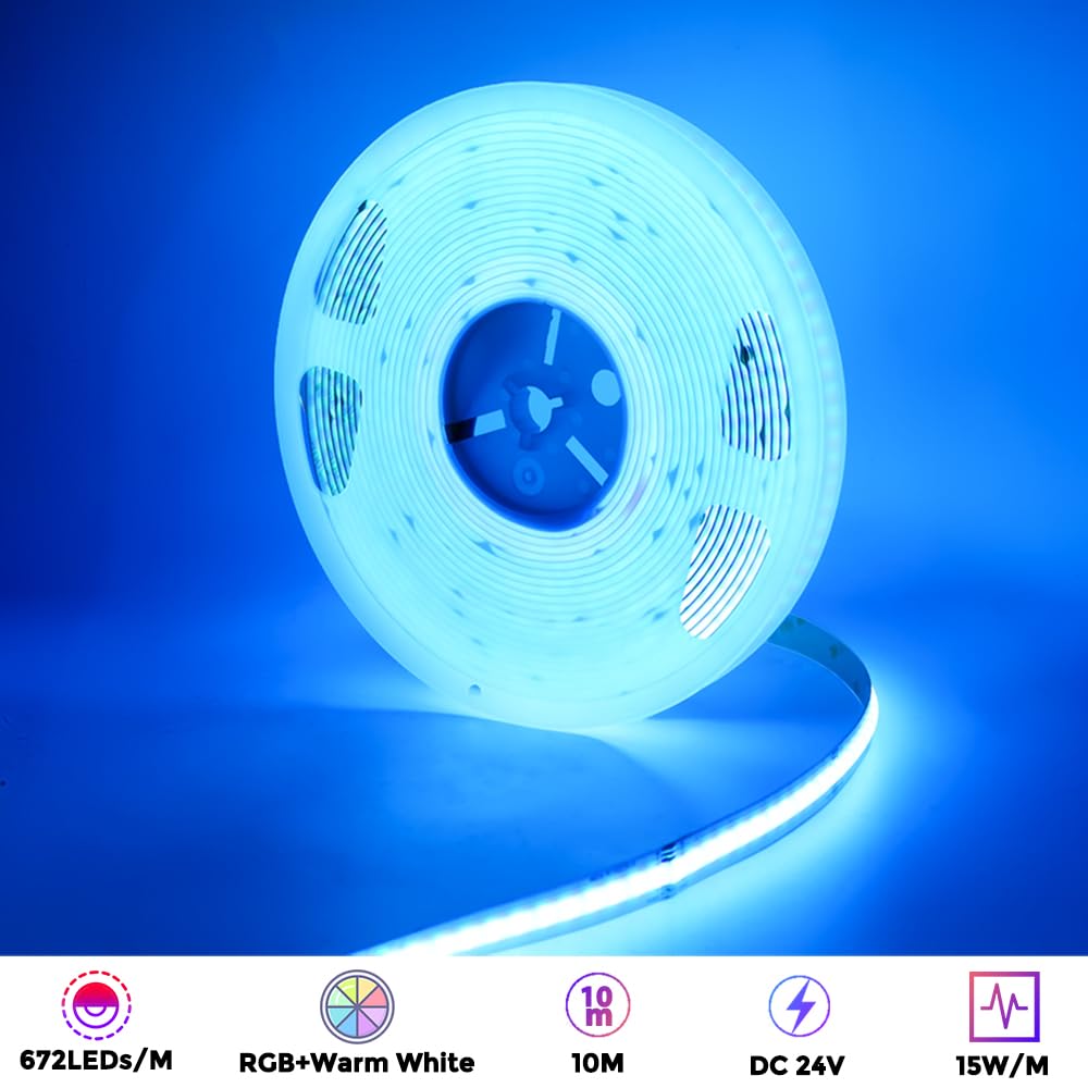 24V COB LED Streifen RGBW Dimmbar, 10M COB LED Stripe RGB+Warmweiß 3000K LED Band Lichterkette 672LEDs/M Hohe Dichte, Flexibel LED Stripe keine Lichtpunkte für Küche,Schlafzimmer, DIY Beleuchtung