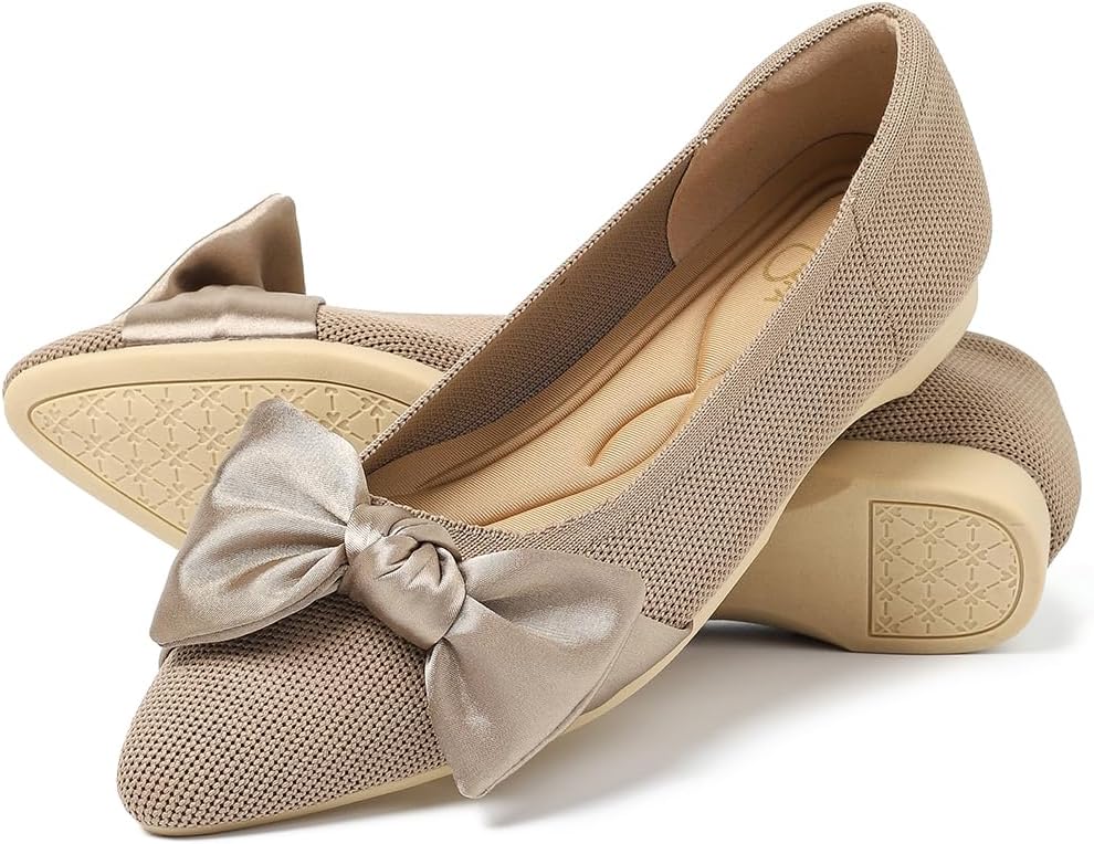 Pointed Toe Ballet Flats for Women,Slip On Shoes with Bow, Comfortable Dressy Casual Work Flats for Office Business.
