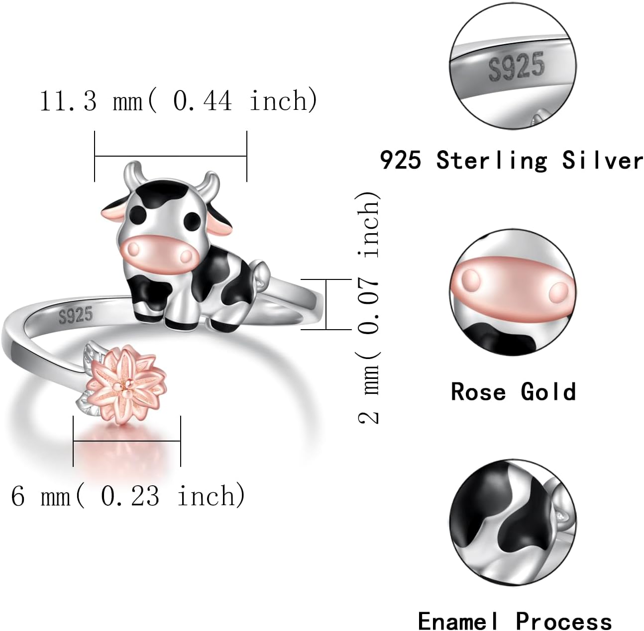 APOTIE Sterling Silver Cow Adjustable Ring - CZ Cute Farm Animal Jewelry Gifts for Women