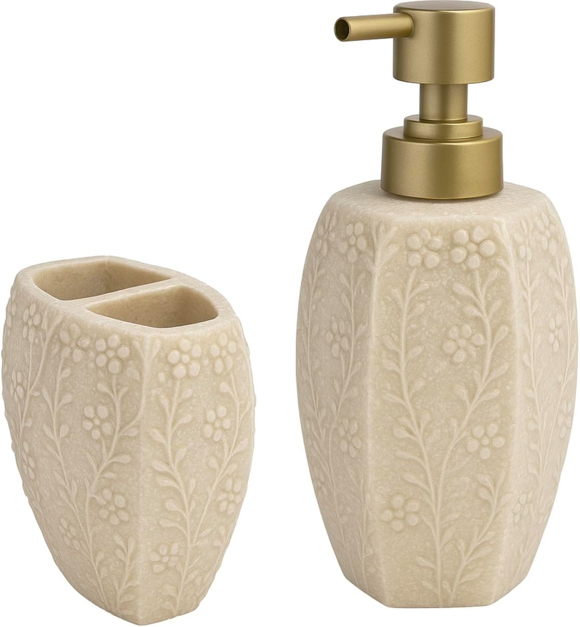 Floral Embossed Ceramic Bathroom Accessory Set, 2-Piece, Soap Dispenser and Toothbrush Holder, Beige with Gold Accents