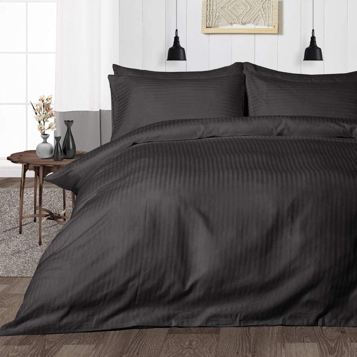 1200 TC 3 Piece Rajai/Duvet/Blanket Cover Set- Zipper Closure Duvet Cover with 2 Pillow Cover- 100% Cotton Comforter Cover- Durable & Soft-Queen Size Dark Grey Stripe