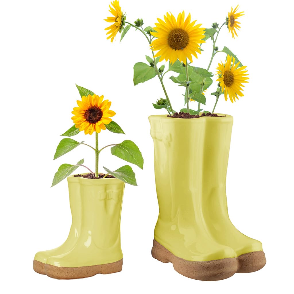 Dibor Set of 2 Flower Pot Planters - Small & Large Wellington Boot Plant Pot Set (Yellow)