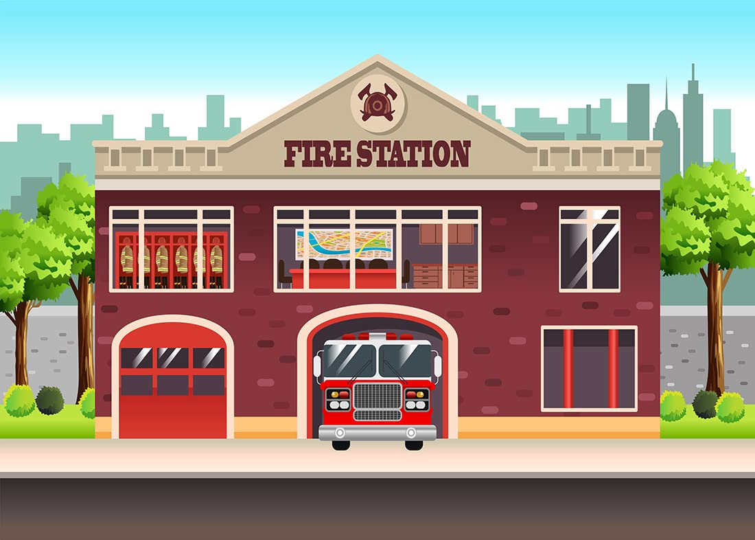BELECO 7x5ft Fabric Cartoon City Fire Station Backdrop Firefighter Firetruck Theme Kids Fireman Birthday Background Firetruck Party Decorations Fire Truck Cake Table Decor Banner Children Photo Props
