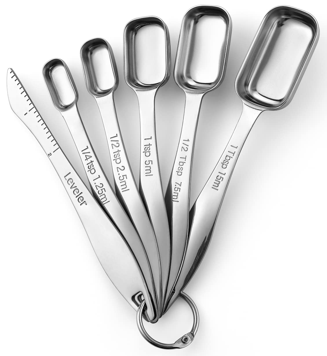 Spring Chef Cucharas medidoras de metal de acero inoxidable resistentes para seco o líquido, cabe en frascos de especias, juego de 6 unidades, incluye nivelador