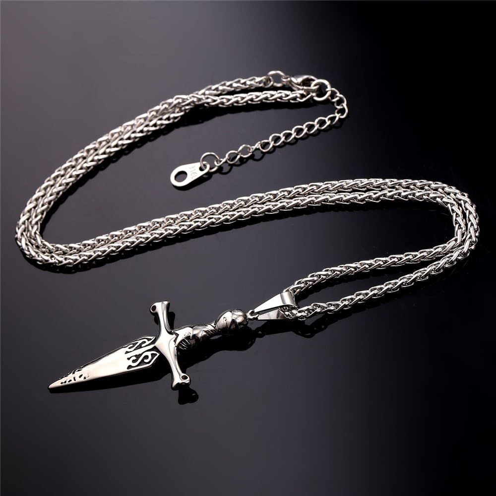 U7 Punk Necklaces Stainless Steel 18K Gold Plated Large Hip Hop Dagger/Knife/Sword/Steampunk Gear/Large Razor Blade Pendant Necklace for Men Women, Chain 22-24 Inches - Image 3
