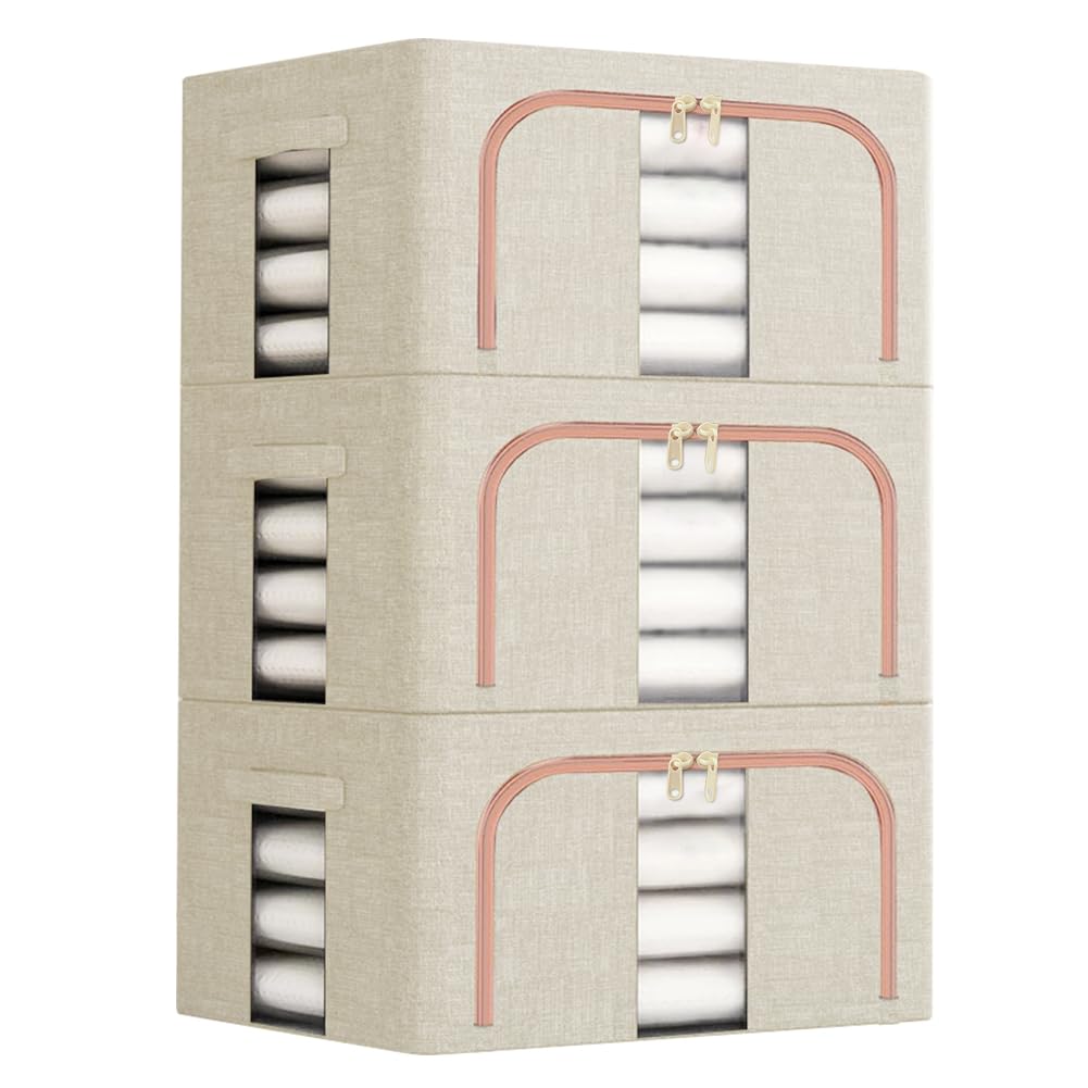 3Pcs Clothes Storage Bins with Metal Frame Foldable Fabric Organizer (Beige)