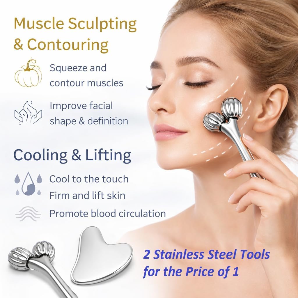 Stainless Steel 3D Face Roller Metal Facial Massager Face Sculpting Gua Sha Facial Tools for Eye Skin Care Reducing Puffiness Double Chin Reducer Facial Roller and Guasha Tool for Face Anti-Wrinkle