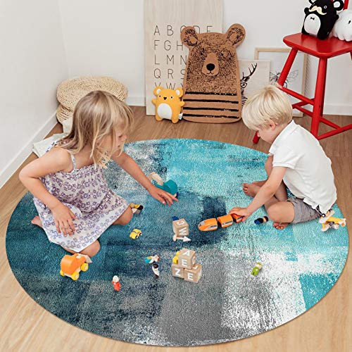 Large Round Area Rug For Living Room Turquoise And Grey Abstract Art Painting Teal Decorative Rug Carpet Floor Mat Yoga Mat For Bedroom Kids Room Home Decor 5 Ft #TOP4