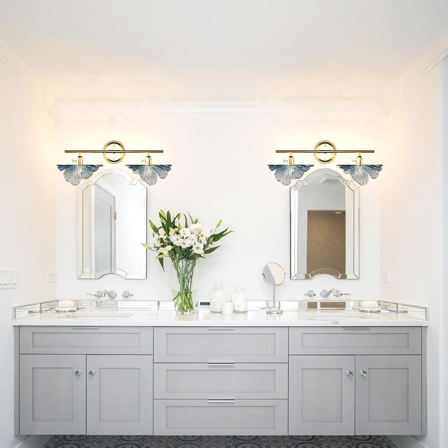 2 Light Vintage Wall Sconces with Glass Shades,Vanity Light,Bathroom Light,Wall Lighting Fixture for Mirror,Home Decor Art Wall Light (Golden+Blue, 2-Lights)