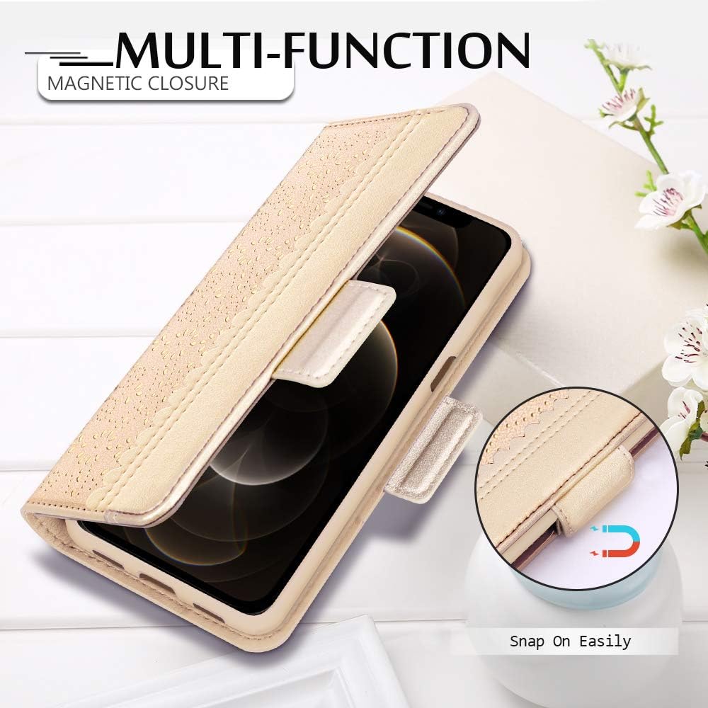 WWW Wallet Case Compatible with iPhone 12 Pro Max (6.7" 2020),[Luxurious Romantic Carved Flower] Leather Wallet Case with [Makeup Mirror] [Card Holder] and [Kickstand Feature] Gold