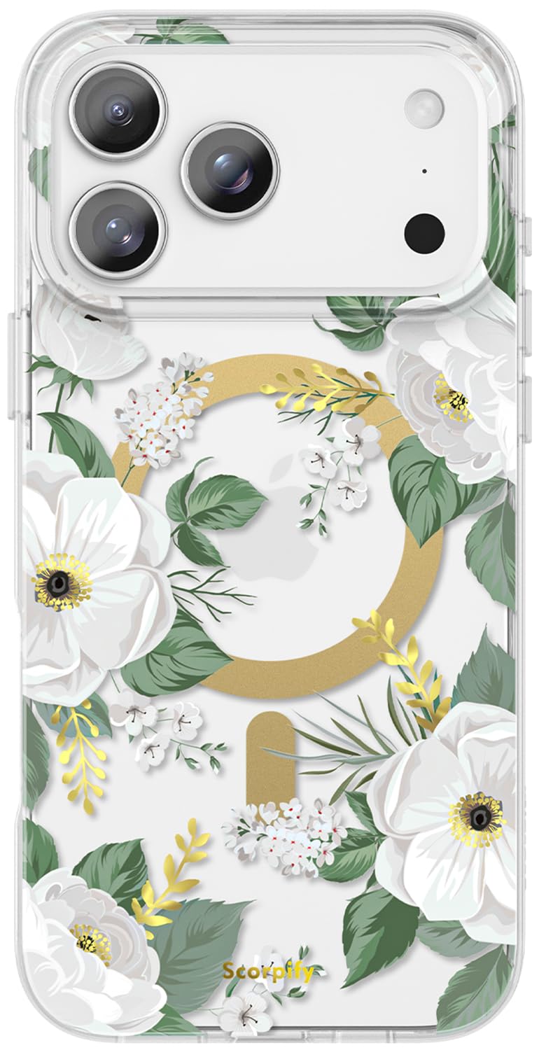 SCORPIFY for iPhone 17 Pro Case [Compatible with MagSafe] with White Rose Floral Design, Cute Clear Flower Magnetic Phone Cover for Women Girls, [Non Yellowing] Slim Bumper with Gold Accents