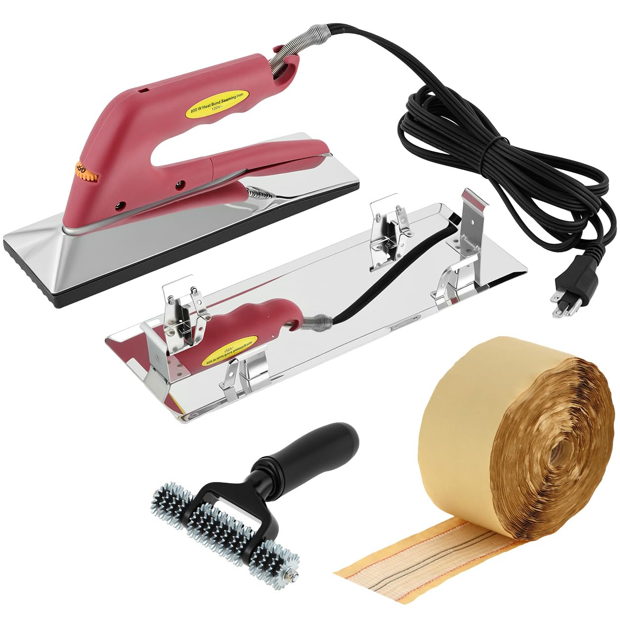 QWORK Kit de plancha de costura de alfombra de 10 pulgadas y 800 vatios con 4 ajustes de calor, cinta de unión de alfombras de 66 pies y rodillo de costura extra ancho