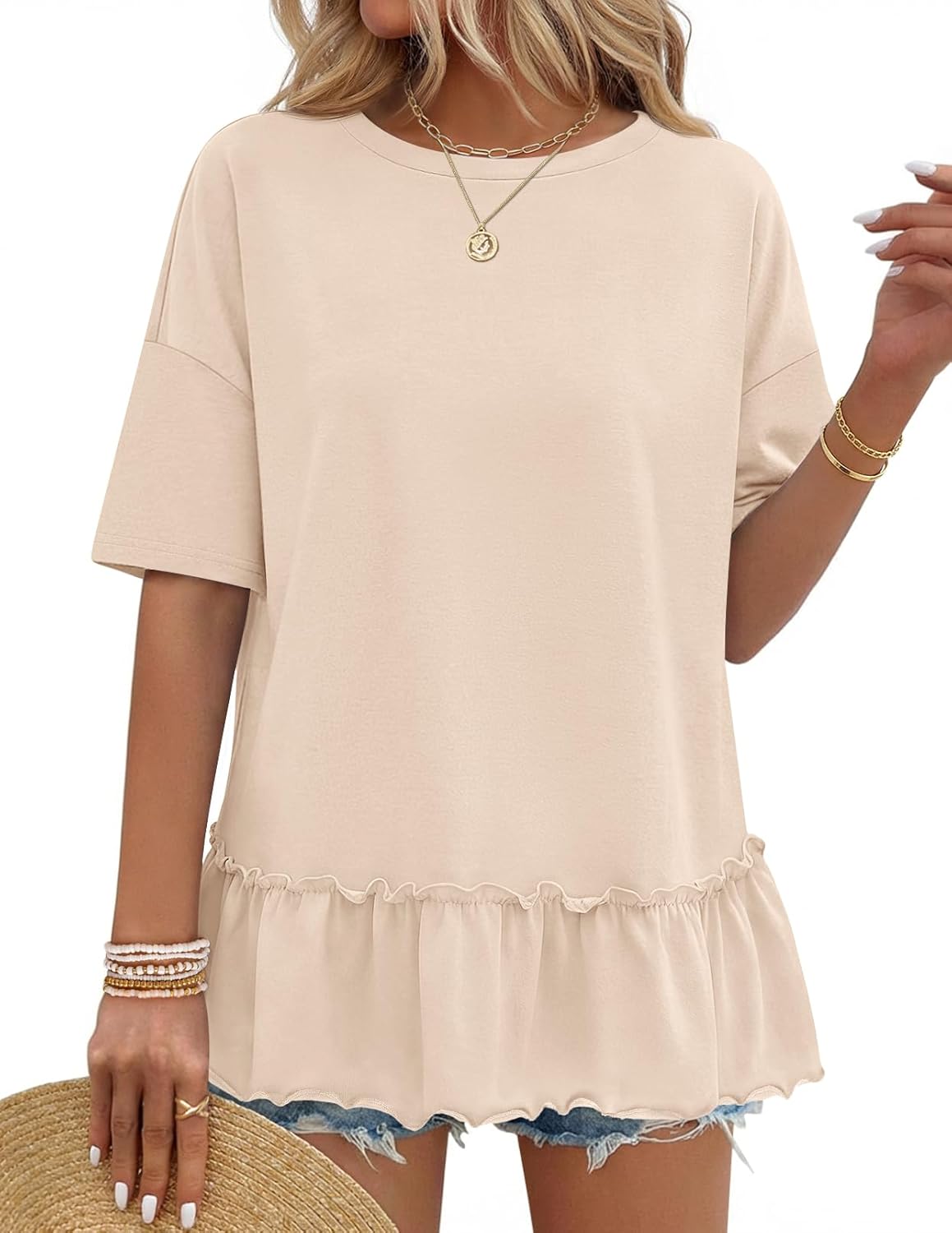 MEROKEETY Women's 2026 Summer Peplum Tops Oversized Blouse Casual Short Sleeve Crew Neck Ruffle Tunic T Shirts